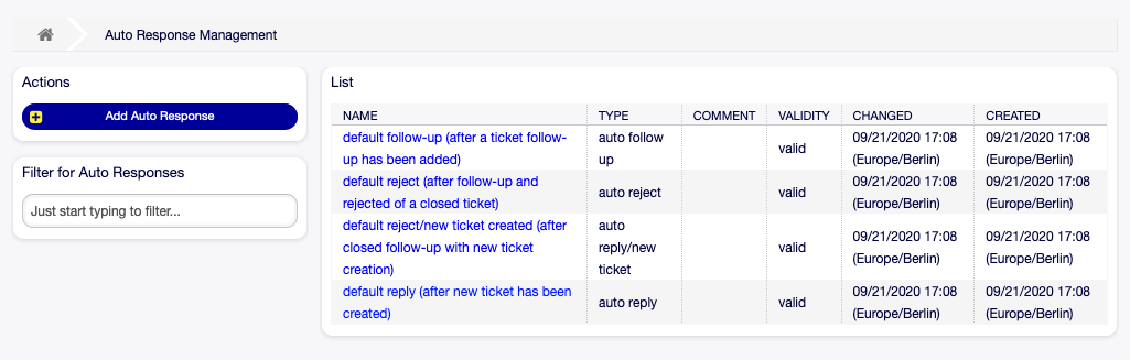 Auto Response Management Screen