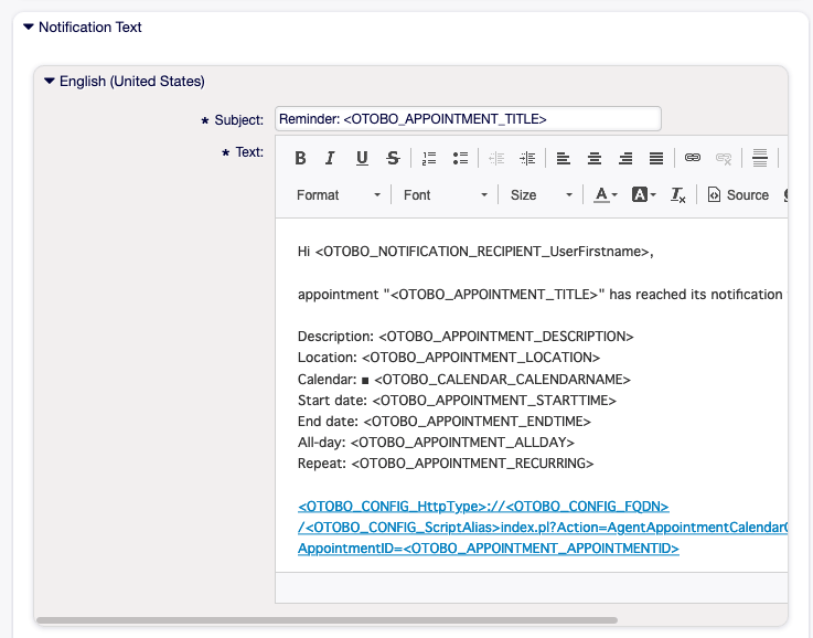 Appointment Notification Settings - Notification Text