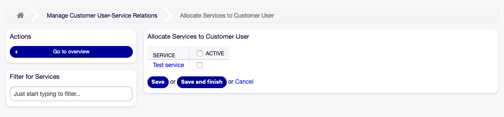Allocate Services to Customer User Screen