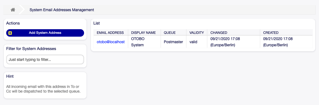 Email Address Management Screen