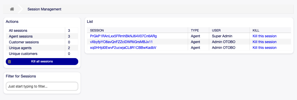 Session Management Screen