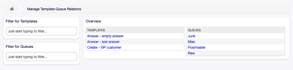 Manage Template-Queue Relations Screen