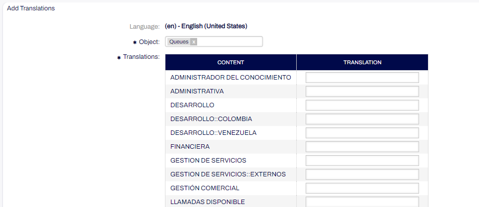 Fields for translation - Queues