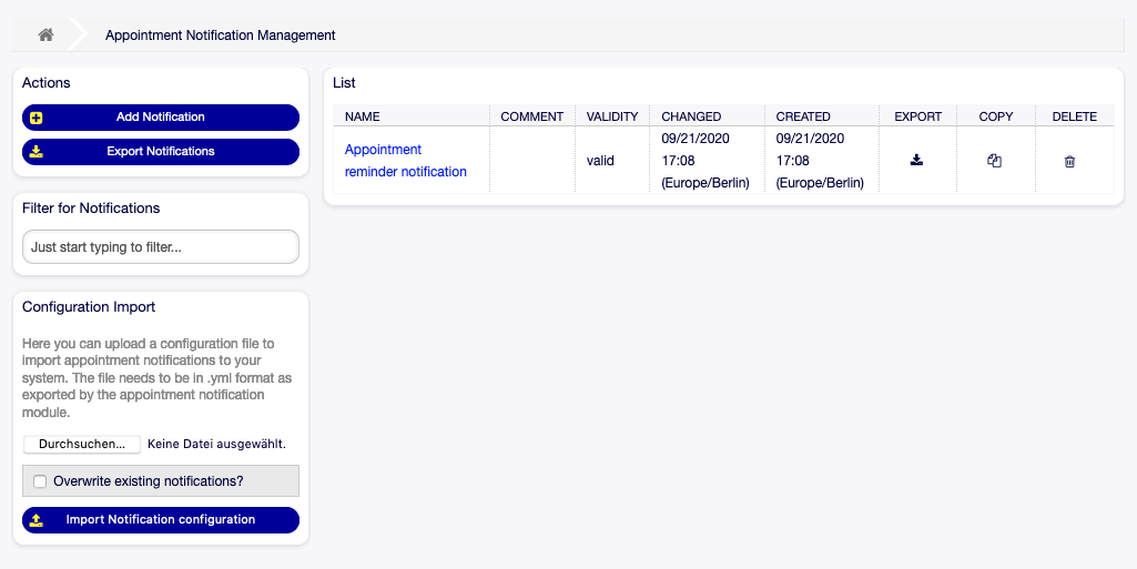 Appointment Notification Management Screen