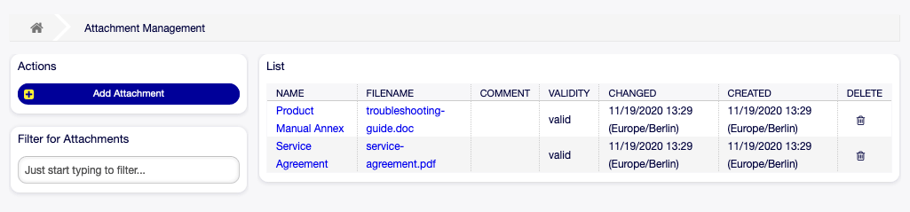 Attachment Management Screen