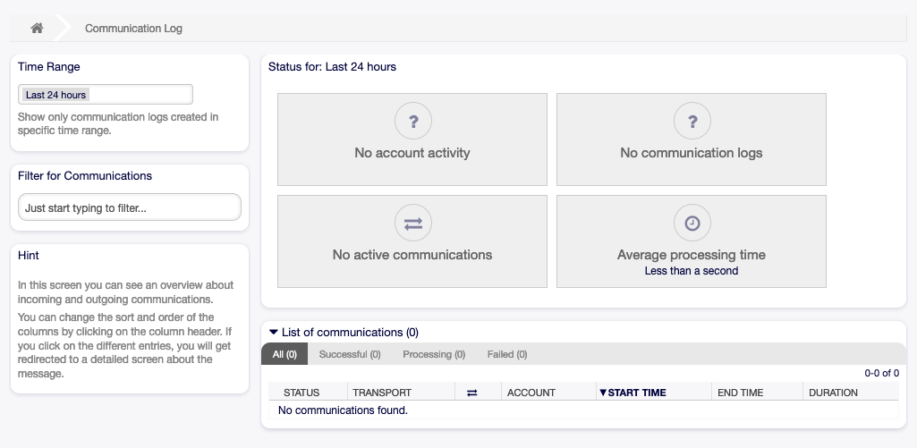 Communication Log Overview Screen