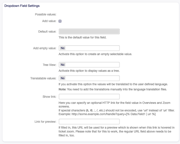 Dropdown Dynamic Field Settings