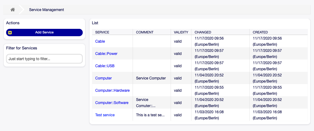 Service Management Screen