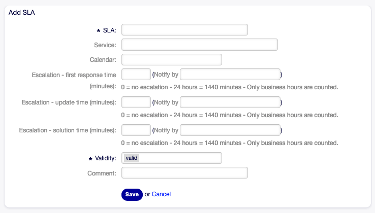 Add Service Level Agreement Screen