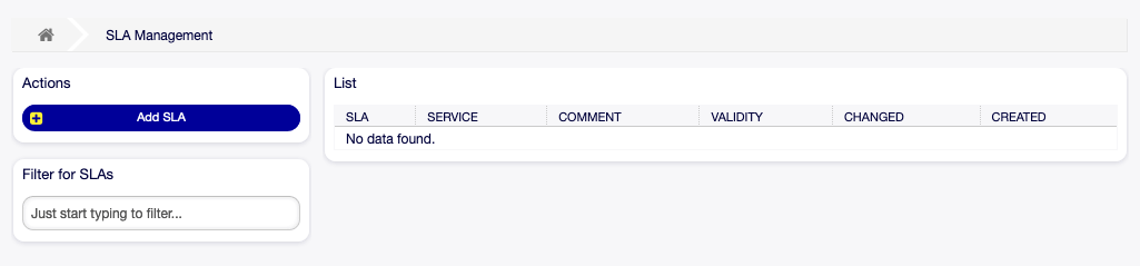 Service Level Agreement Management Screen