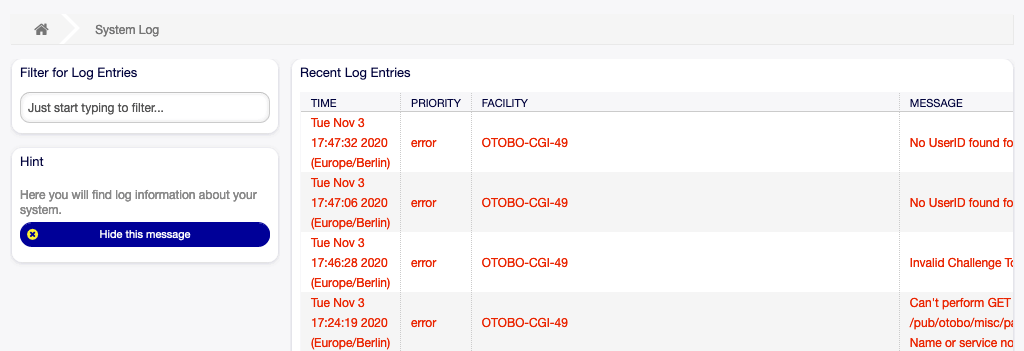 System Log Screen