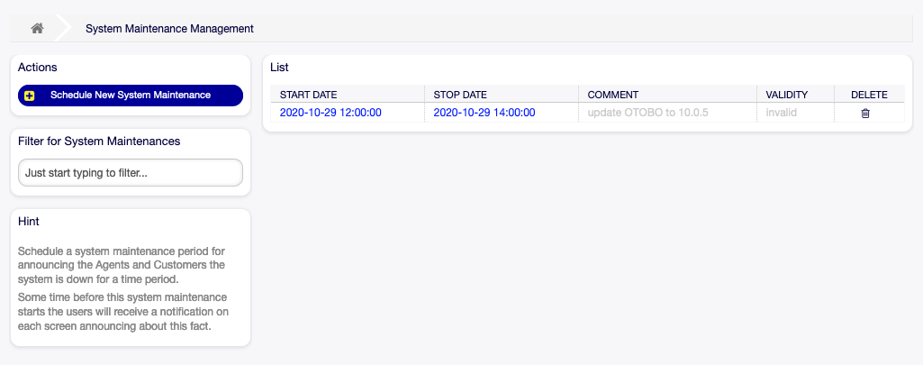 System Maintenance Management Screen