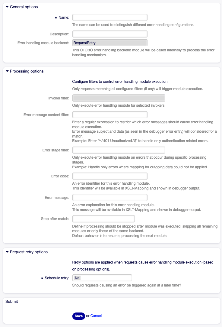 Web Service Settings - OTOBO as Provider - Error Handling Module