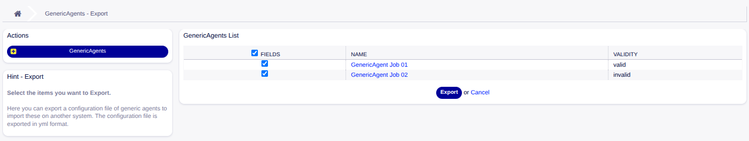 Generic Agent Job Export Screen
