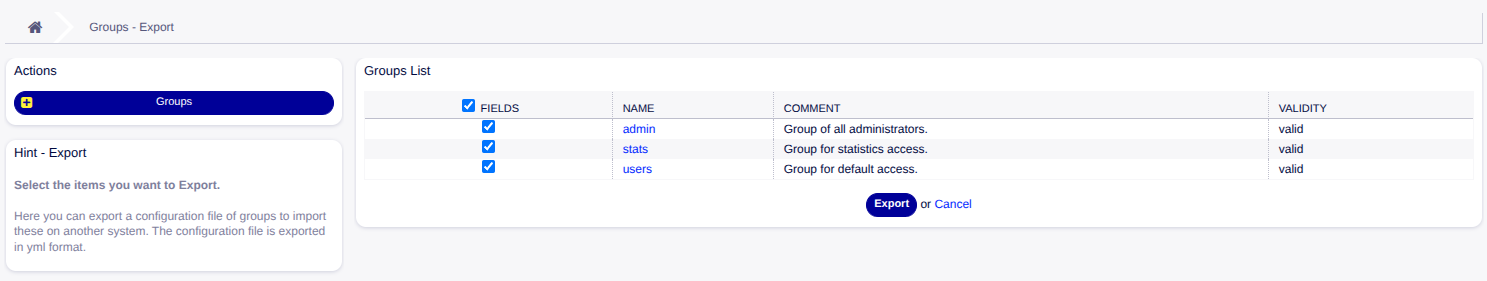 Group Export Screen