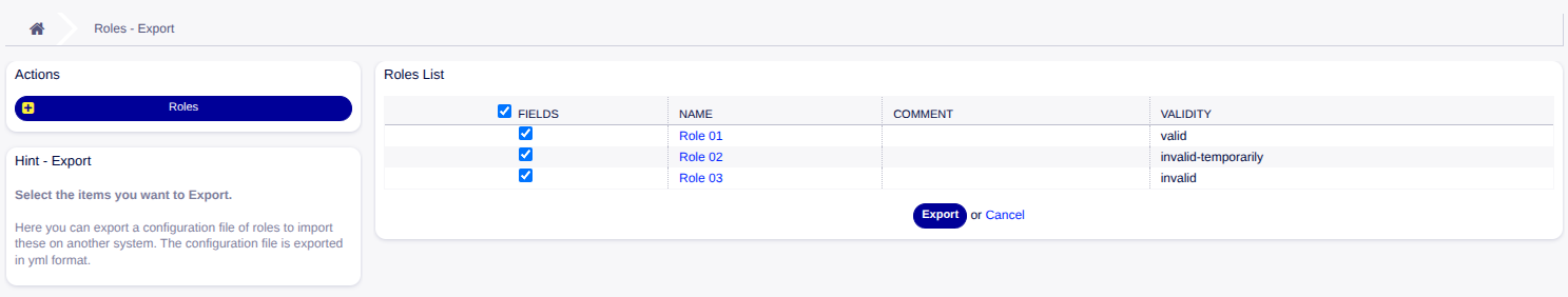 Role Export Screen