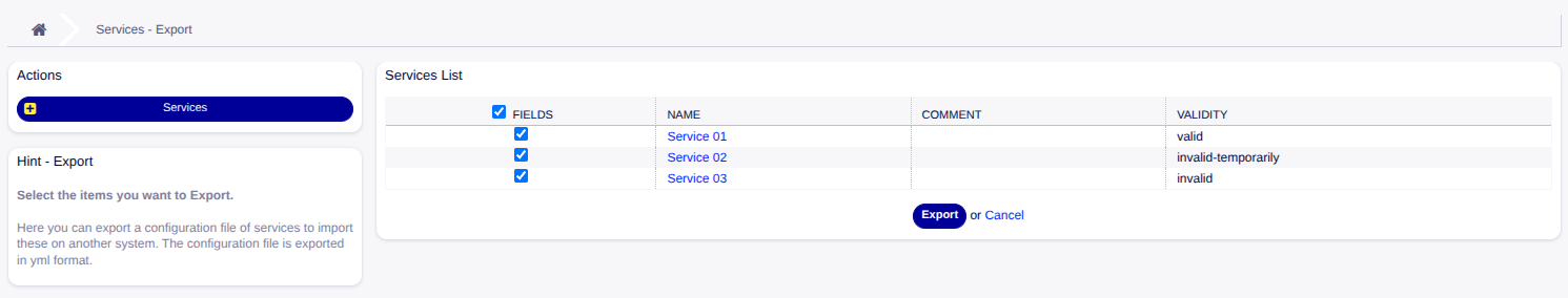 Service Export Screen