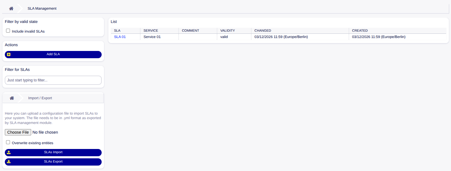 Service Level Agreement Management Screen