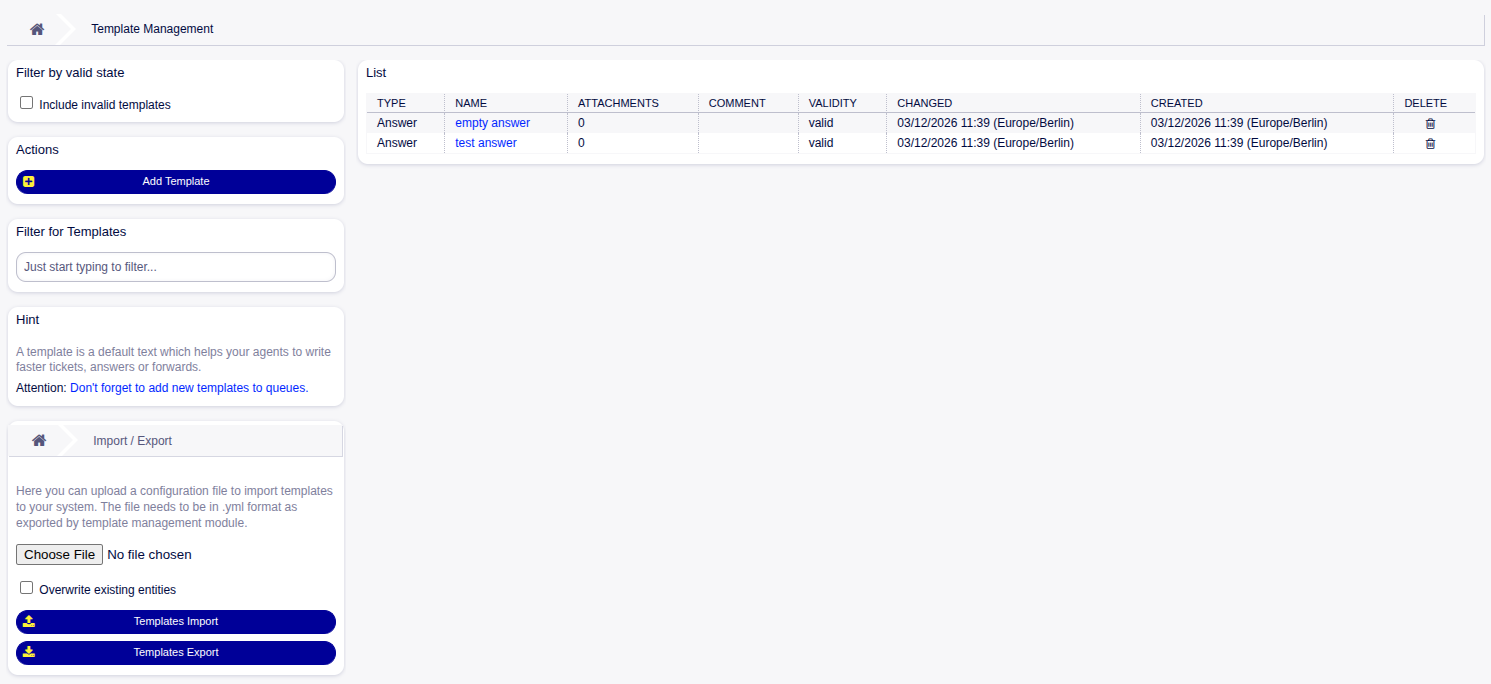 Template Management Screen