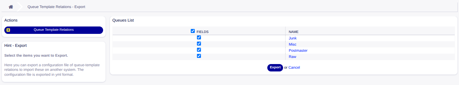 Template Queue Export Screen