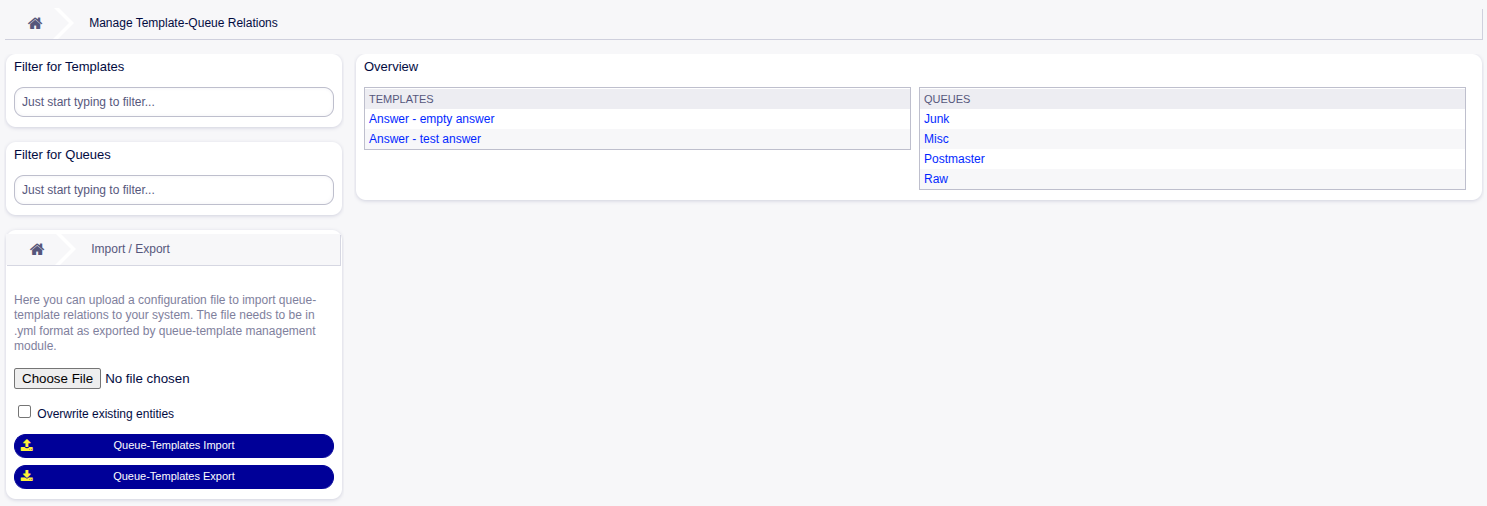 Manage Template-Queue Relations Screen