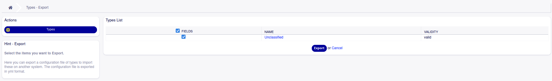 Type Export Screen