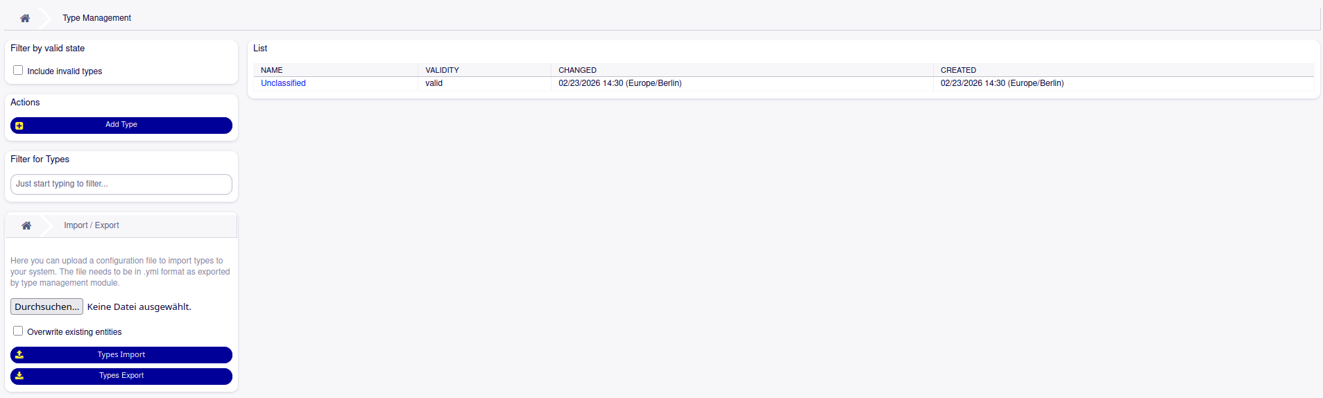 Type Management Screen