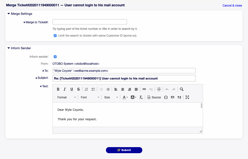 Ticket Merge Screen